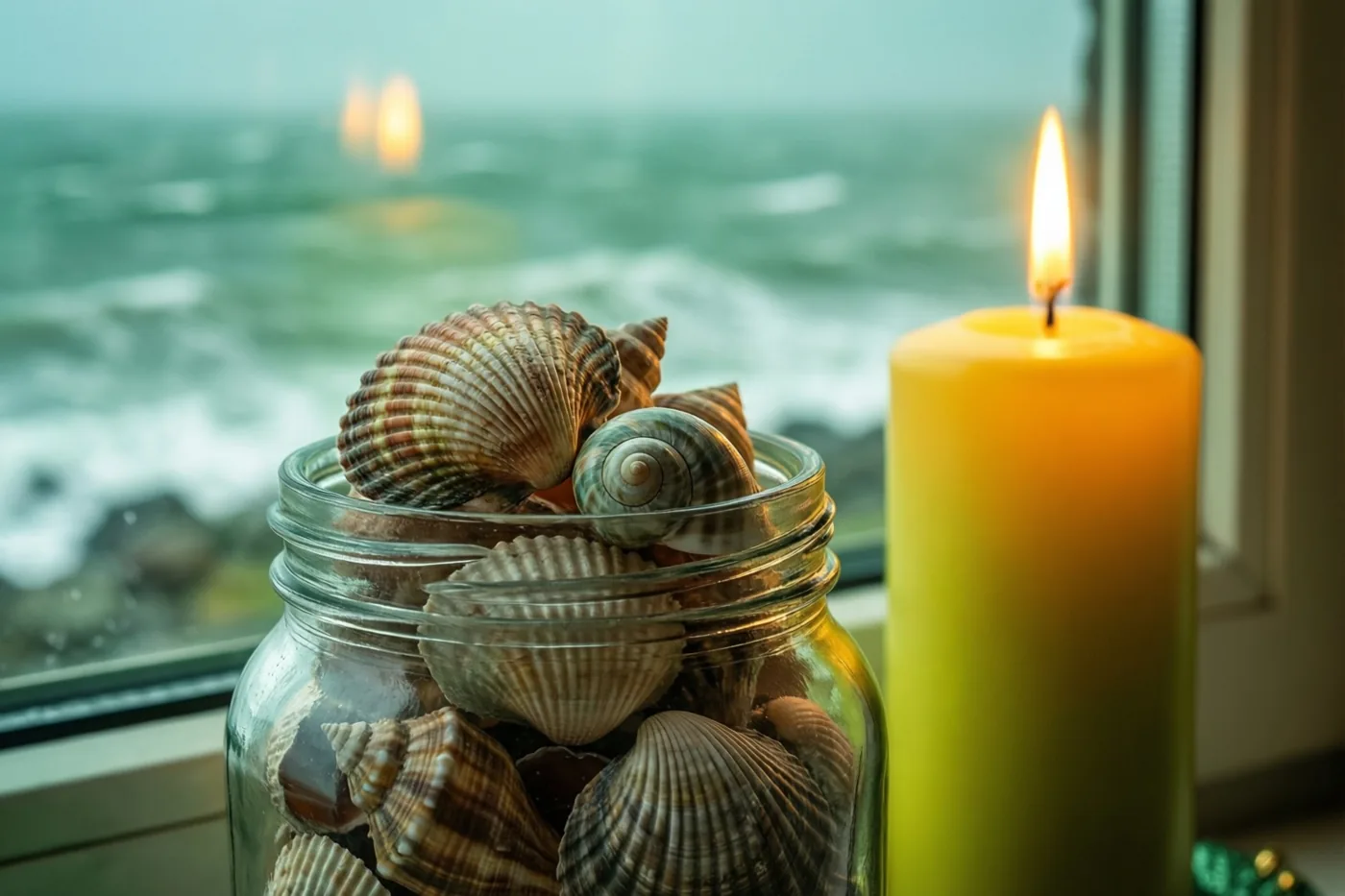 Een glazen pot met schelpen staat naast een brandende gele kaars op een vensterbank, met uitzicht op een stormachtige zee in blauwgroene tinten.
