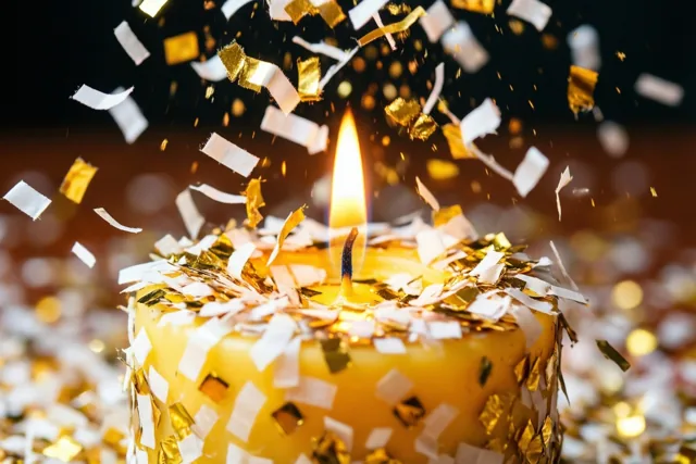 Een brandende gele kaars versierd met witte en gouden confetti staat tegen een donkere achtergrond met vallende confetti.