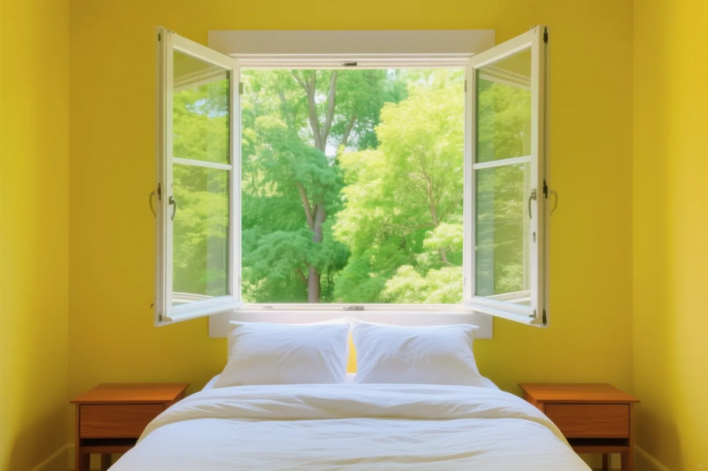 Een lichte slaapkamer met gele muren en een wit bed heeft een open raam dat uitkijkt op groene bomen.