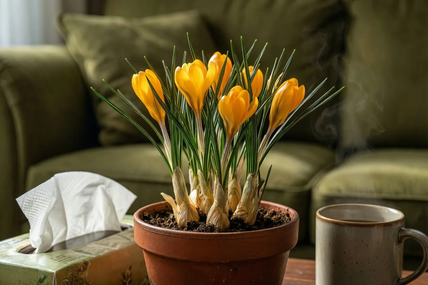 Bloeiende gele krokussen in een terracotta pot staan naast een dampende mok en een doos zakdoekjes op een houten bijzettafel voor een groene zetel in warm licht.