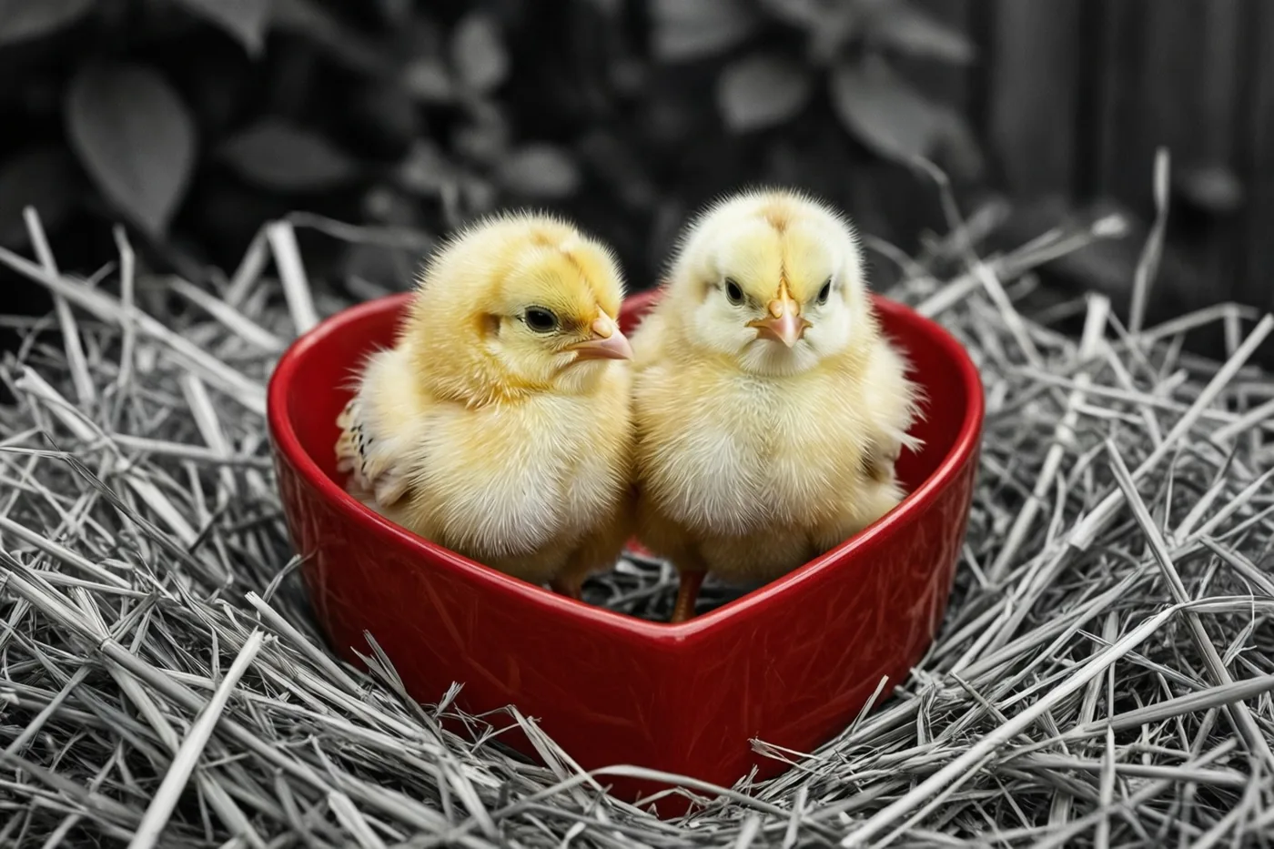 Twee donzige gele kuikentjes zitten samen in een klein rood hartvormig kommetje op stro, tegen een wazige zwart-witte achtergrond.