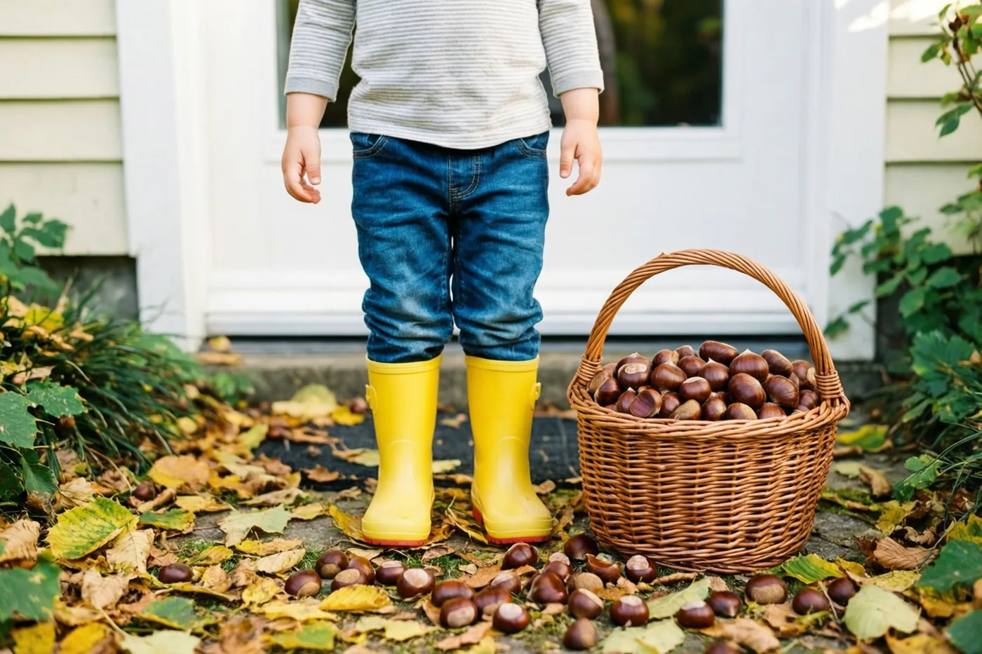 Een kind met felgele rubberlaarzen staat op een drempel vol herfstbladeren naast een rieten mand kastanjes, voor een huis met een witte deur.