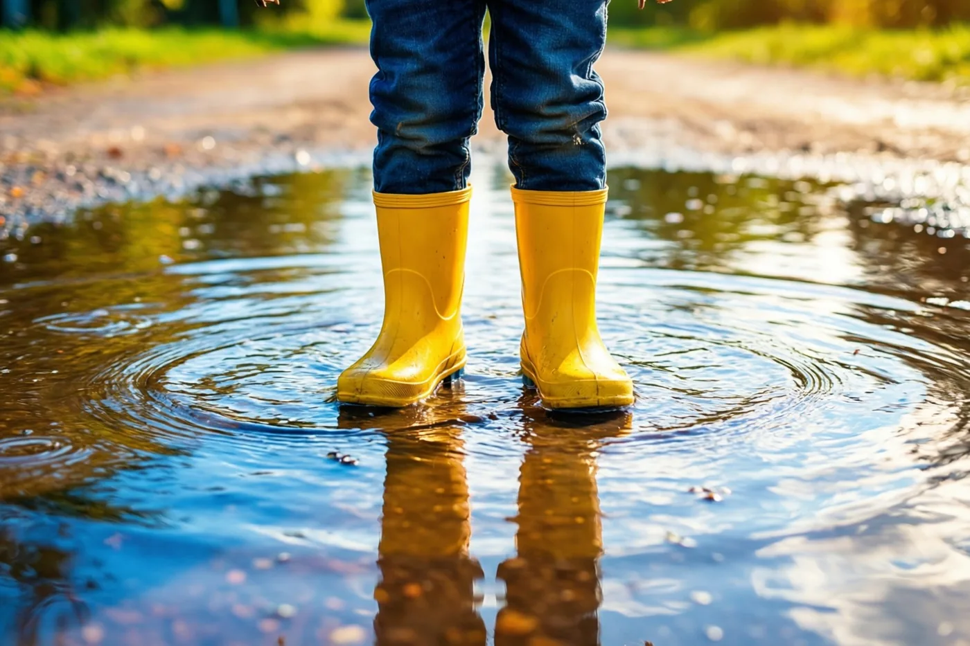 De benen van een kind met felgele regenlaarzen staan in een grote rimpelende plas op een aardeweg, met groen gras op de achtergrond en warm zonlicht.