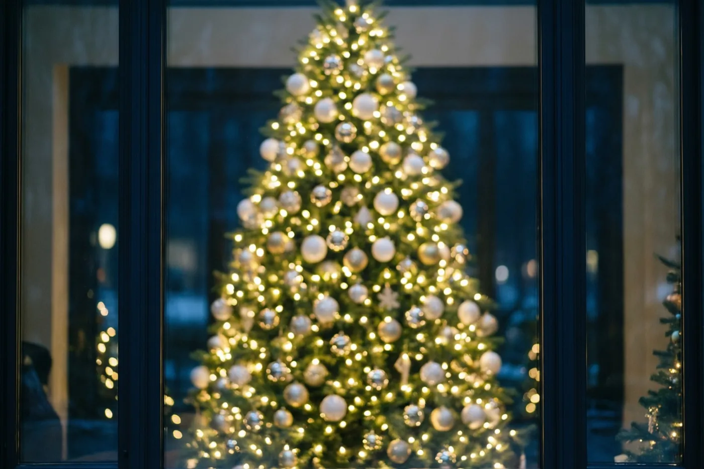 Door een donker raamkozijn is een onscherpe kerstboom te zien met gele en witte lichtjes tegen koele blauwe nachttinten.