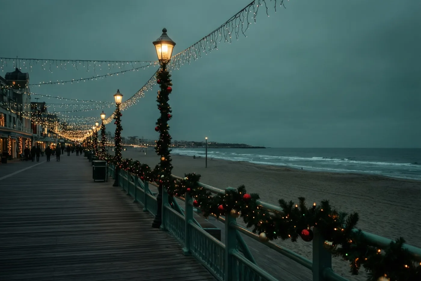 Gele kerstlichtjes hangen boven het strand en langs de leuningen van een houten promenade, onder een blauwgrijze avondlucht.