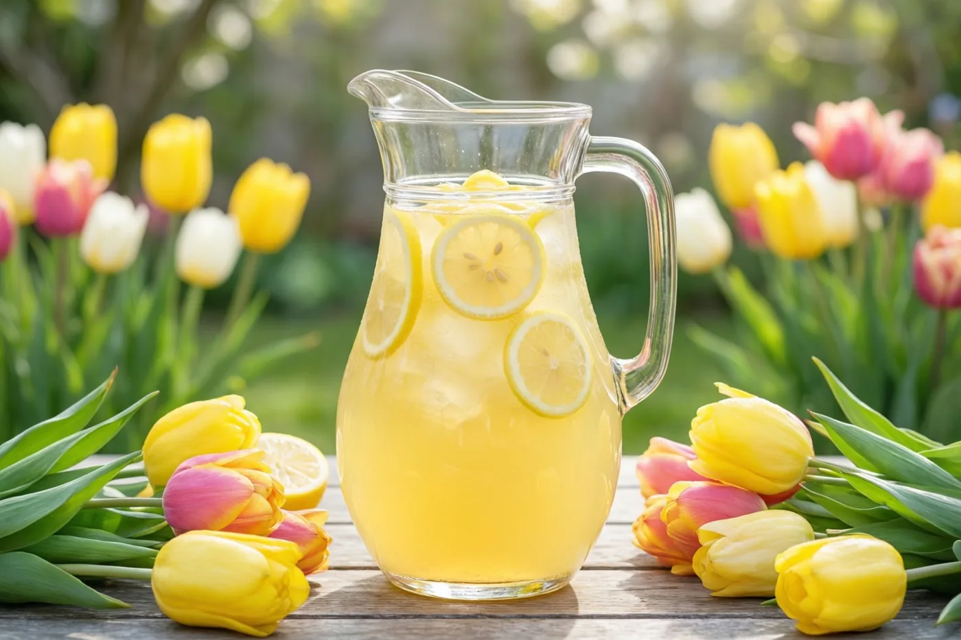 Een doorzichtige glazen kan gele limonade met citroenschijfjes staat op een zonnige houten tuintafel tussen gele, roze en witte tulpen, voor een onscherpe groene tuin.