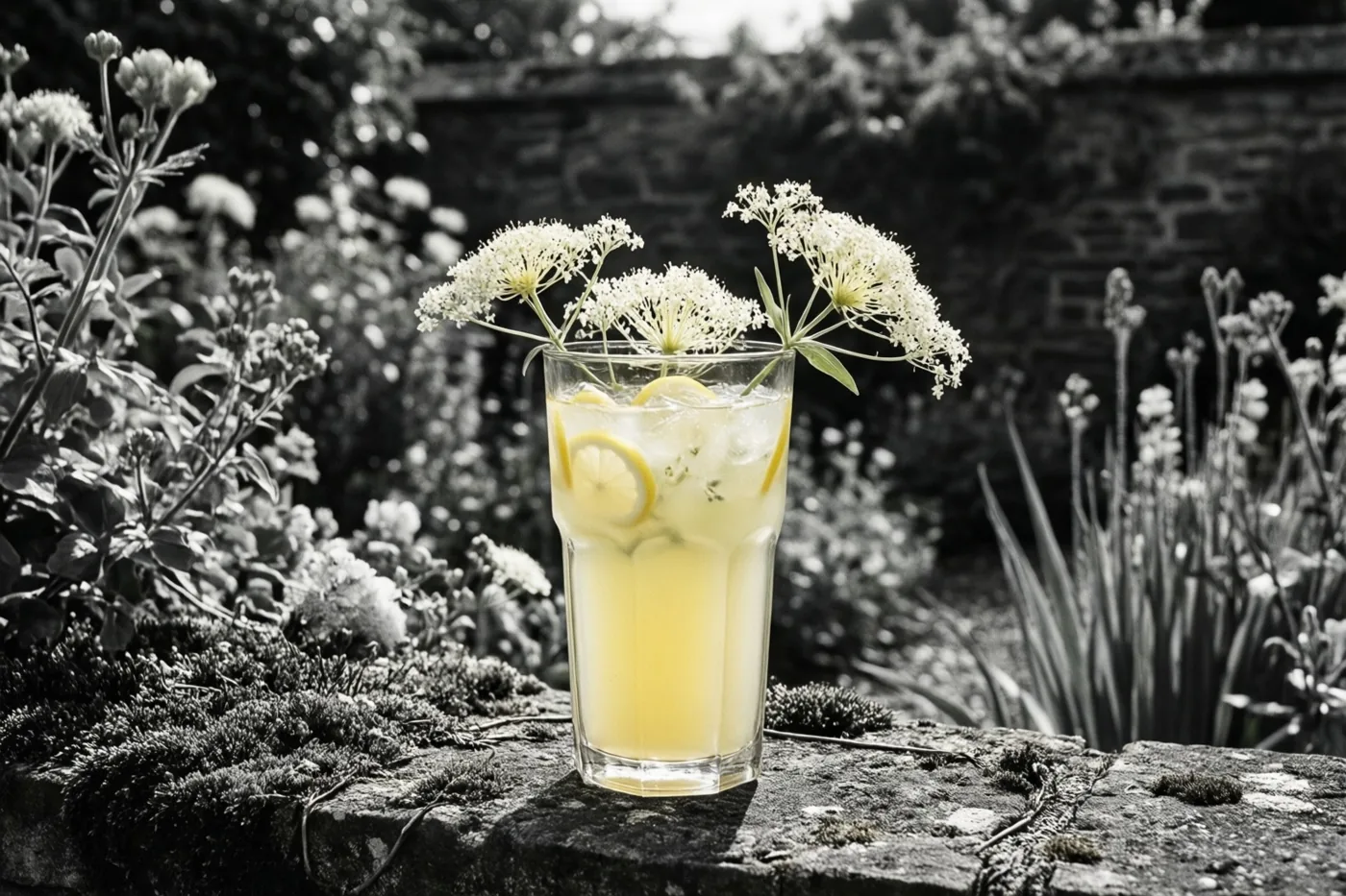 Een hoog glas gele limonade met ijs, citroenschijfjes en vlierbloesems staat op een bemoste stenen tuinmuur in een verder zwart-wit beeld.