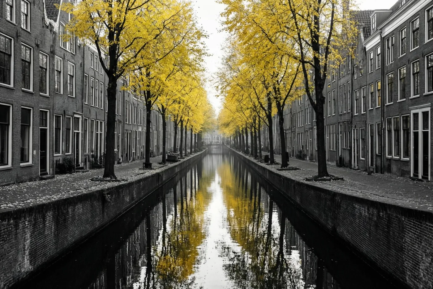 Goudgele lindebomen langs een stil kanaal weerspiegelen in het water tussen oude bakstenen gevels, met een gedempte hemel en een verder monochrome omgeving.