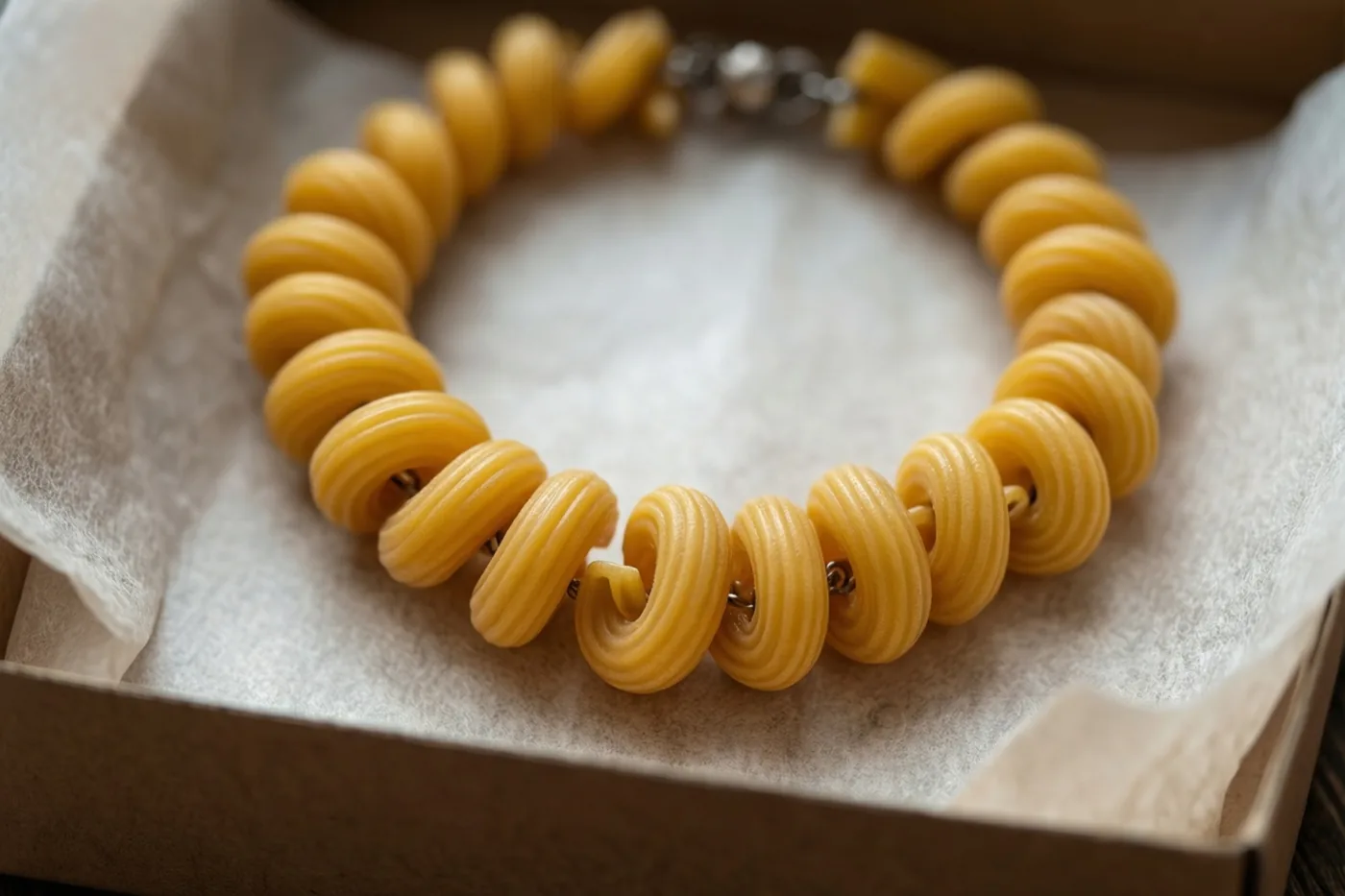 Een ketting van gele macaronikralen ligt in een klein bruin cadeaudoosje met wit zijdepapier in zacht licht.