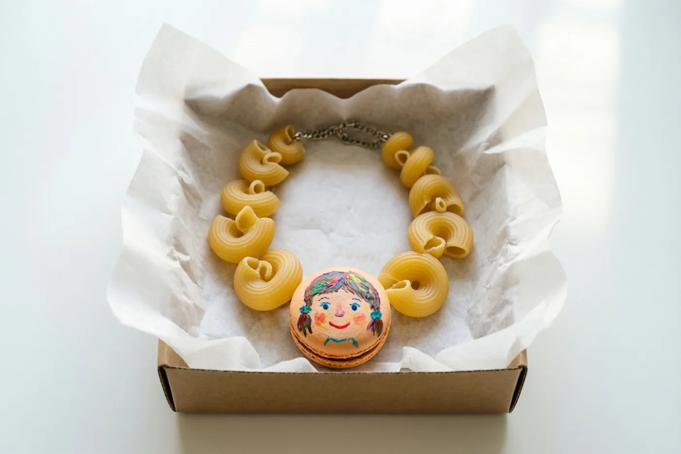 Een ketting van gele macaroni met een beschilderde macaronhanger met een kindergezicht ligt in een kartonnen cadeaudoosje met wit zijdepapier tegen een witte achtergrond.