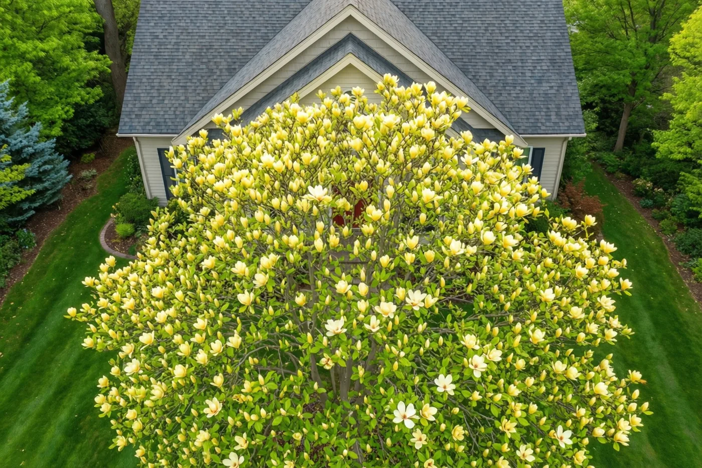 Een magnoliaboom met gele bloemen staat voor een huis met een trapgevel, in een groen gazon omringd door bomen.