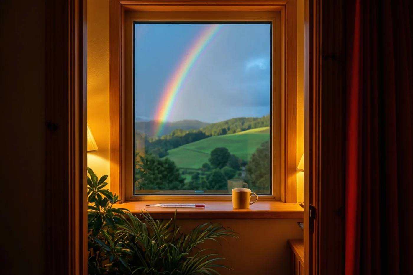 Een houten slaapkamerraam kijkt uit op een regenboog boven groene heuvels, met een gele mok en een thermometer op de vensterbank en kamerplanten binnen.