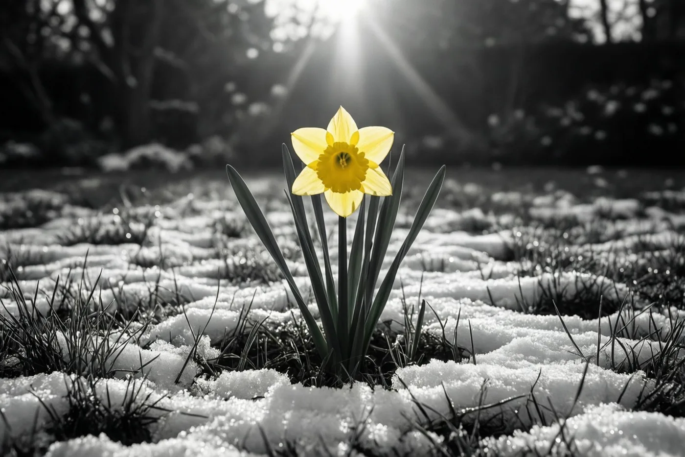 Een felgele narcis bloeit door smeltende sneeuw in een tuin in laag ochtendlicht, terwijl de rest van het beeld in zwart-wit is weergegeven.