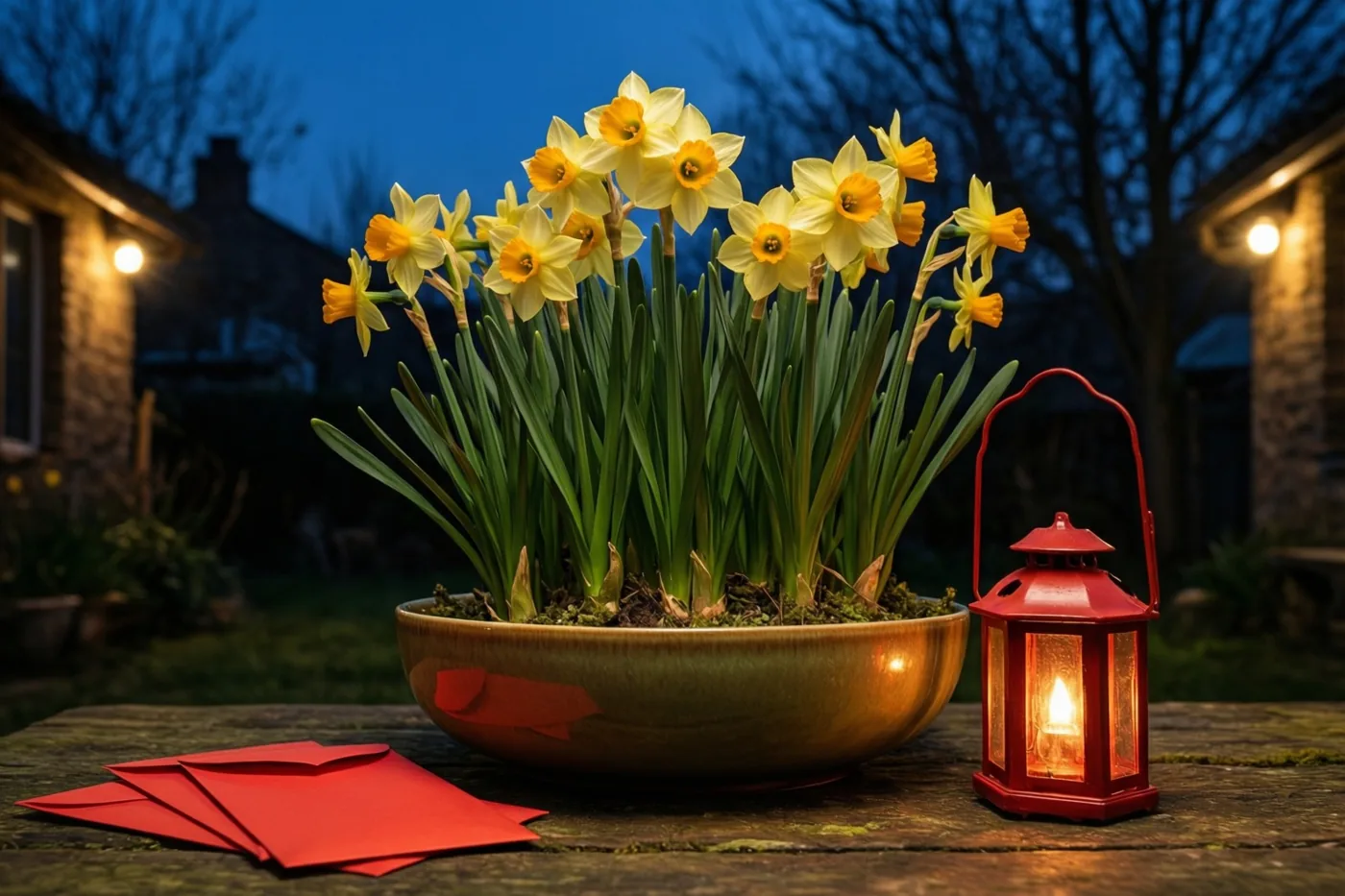 Een schaal bloeiende gele narcissen staat op een houten tafel naast rode enveloppen en een brandende rode lantaarn, met een tuin in de schemering op de achtergrond en warme verlichting.