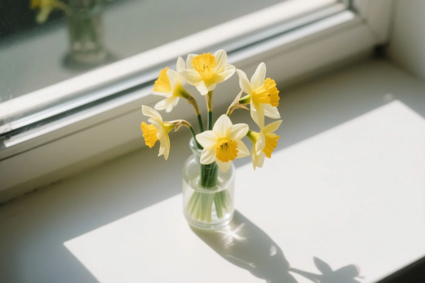 Gele narcissen staan in een kleine glazen vaas op een witte vensterbank in fel zonlicht, met zachte schaduwen van de bloemen en het raamkozijn.