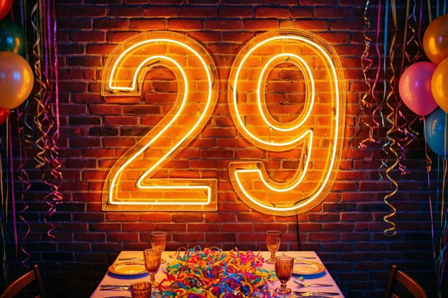 Een groot geel neongetal 29 hangt aan een rode bakstenen muur boven een tafel met glazen, borden en gekleurde slingers, met ballonnen en slingers aan de zijkanten.
