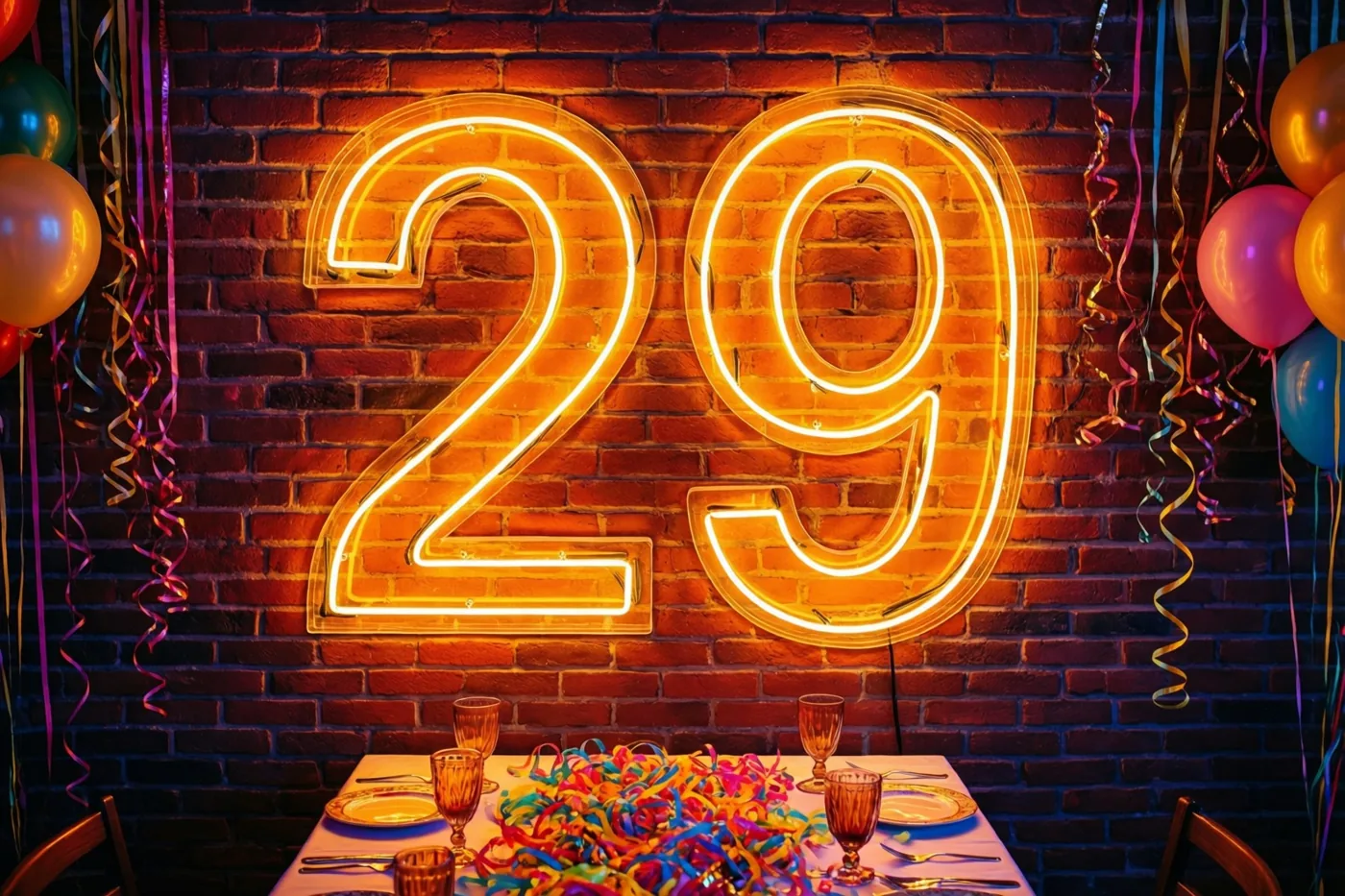 Een groot geel neongetal 29 hangt aan een rode bakstenen muur boven een tafel met glazen, borden en gekleurde slingers, met ballonnen en slingers aan de zijkanten.
