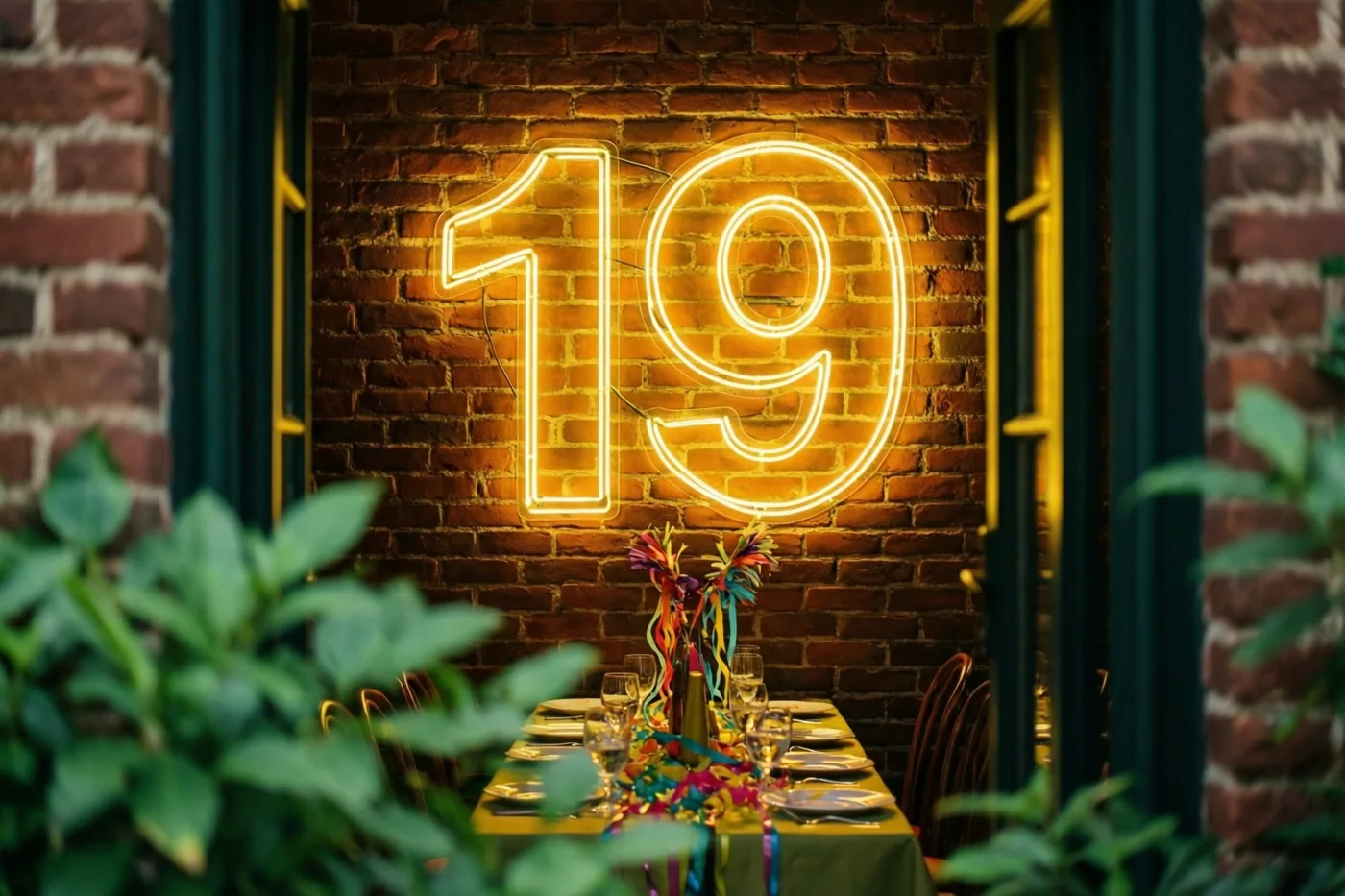 Een warmgeel neongetal 19 hangt aan een rode bakstenen muur boven een versierde feesttafel, omlijst door groen en donkere raamkozijnen.