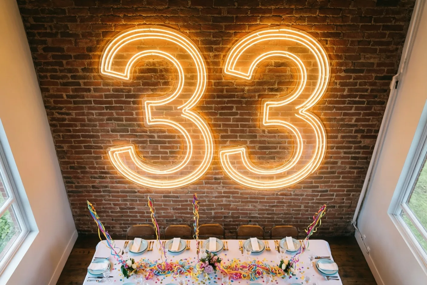 Een groot neoncijfer 33 in warmgeel licht hangt aan een rode bakstenen muur boven een tafel met borden, servetten, gekleurde slingers en confetti.