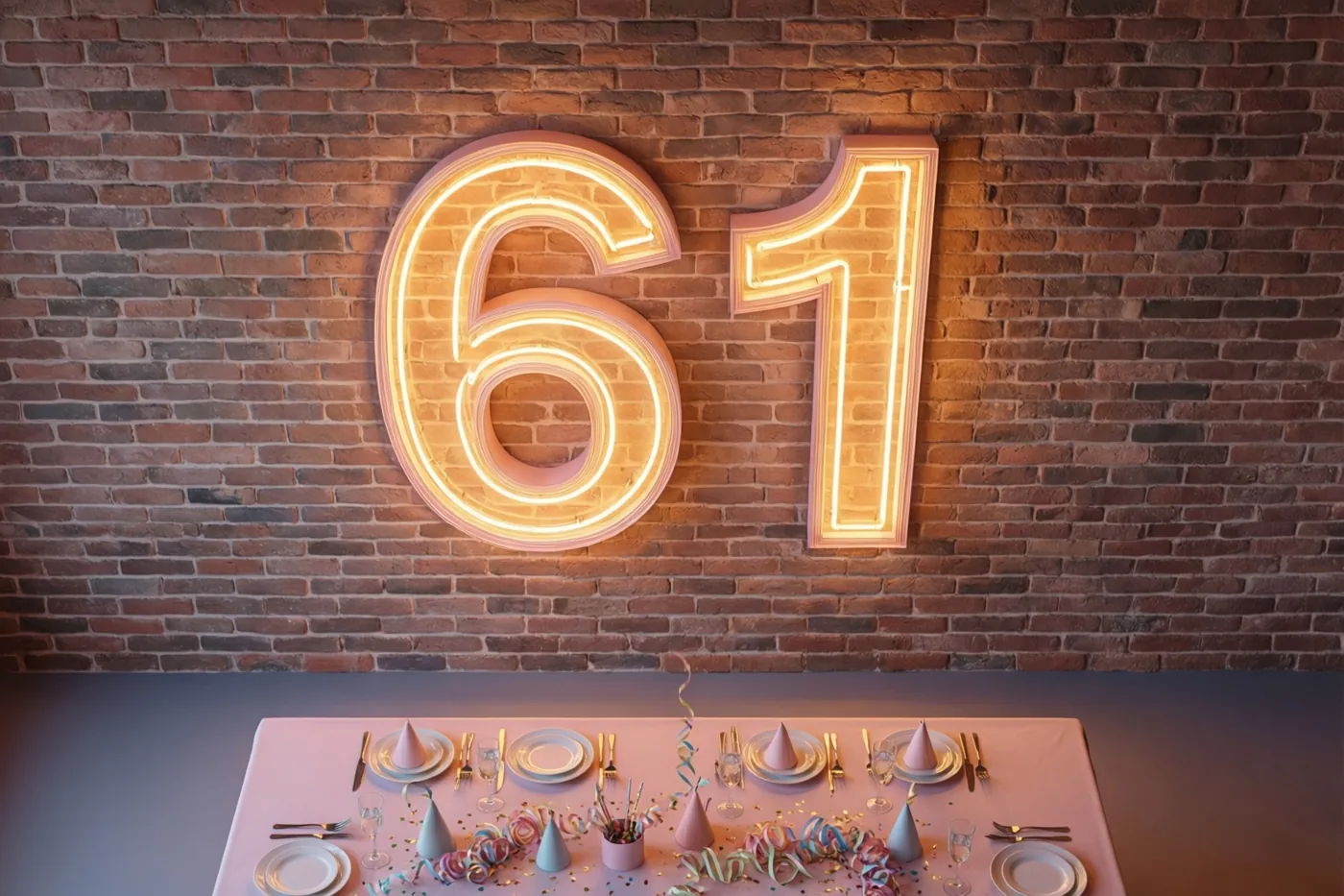 Een geel neongetal 61 hangt aan een rode bakstenen muur boven een feesttafel met borden, bestek en kleurrijke serpentines.