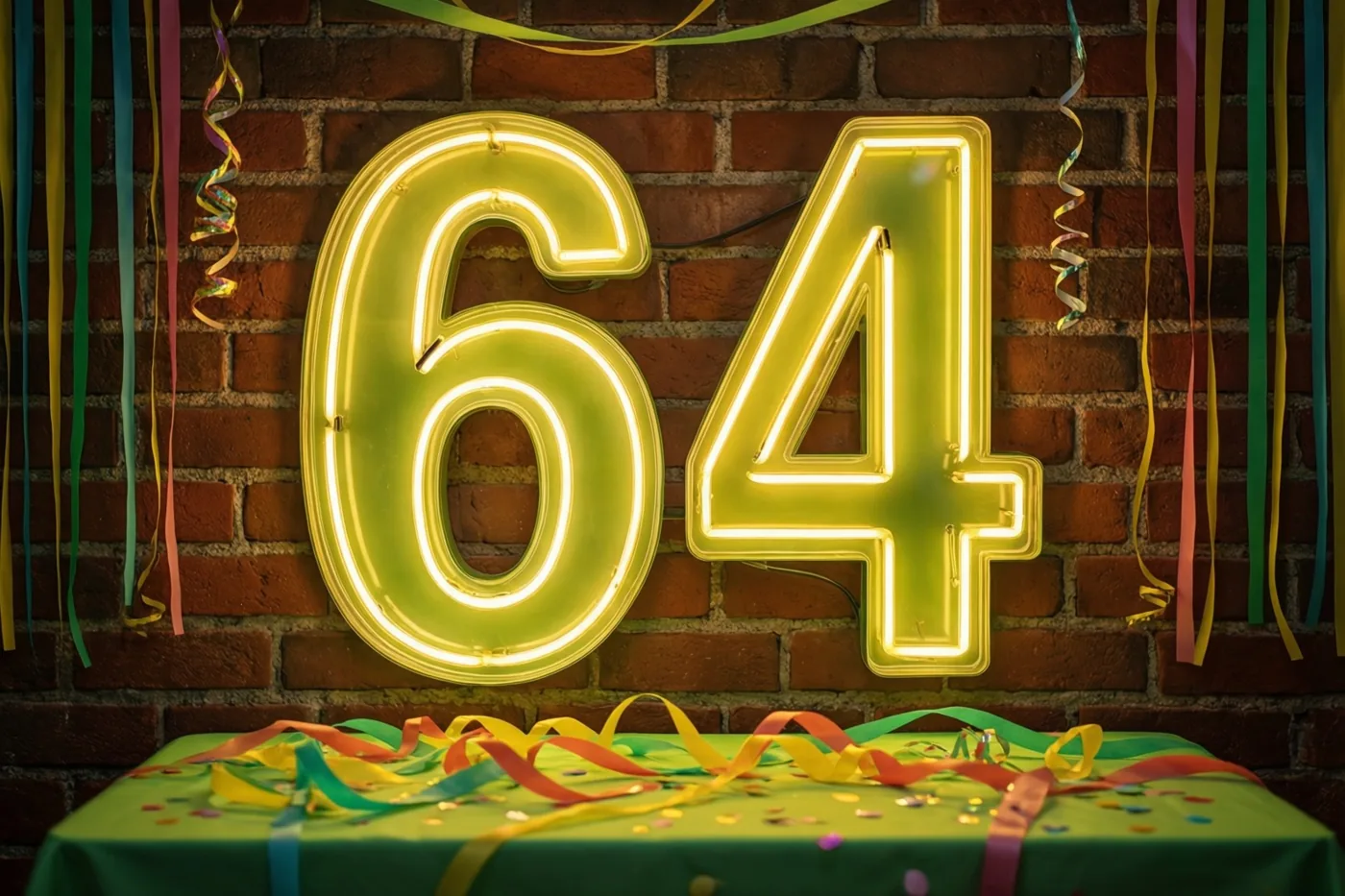 Een groot geel neonlicht in de vorm van 64 hangt aan een rode bakstenen muur boven een groene tafel met gekleurde serpentines.