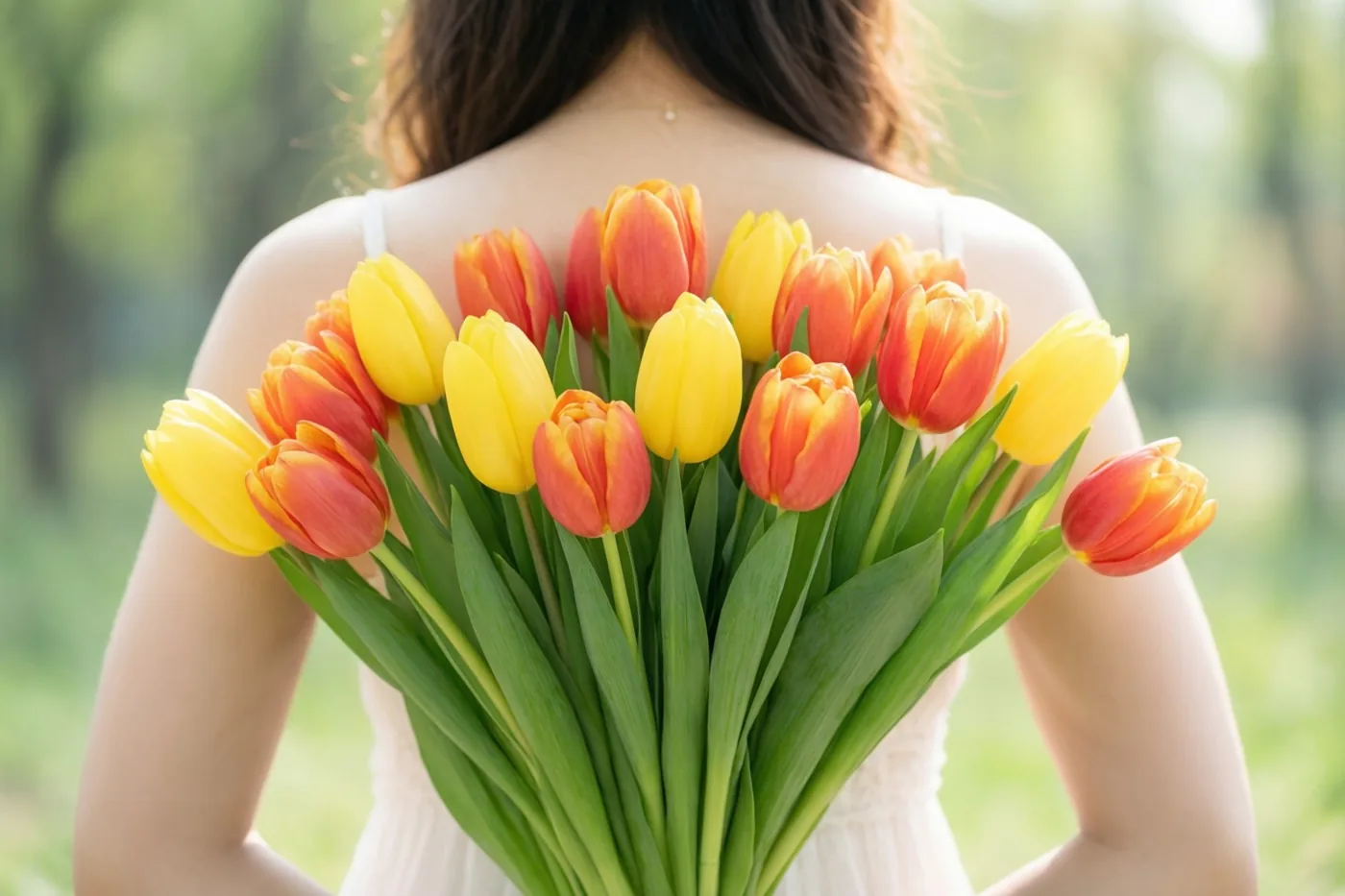 Iemand staat met de rug naar de camera en houdt een groot boeket gele en oranjerode tulpen achter de rug, tegen een wazige groene buitenachtergrond.