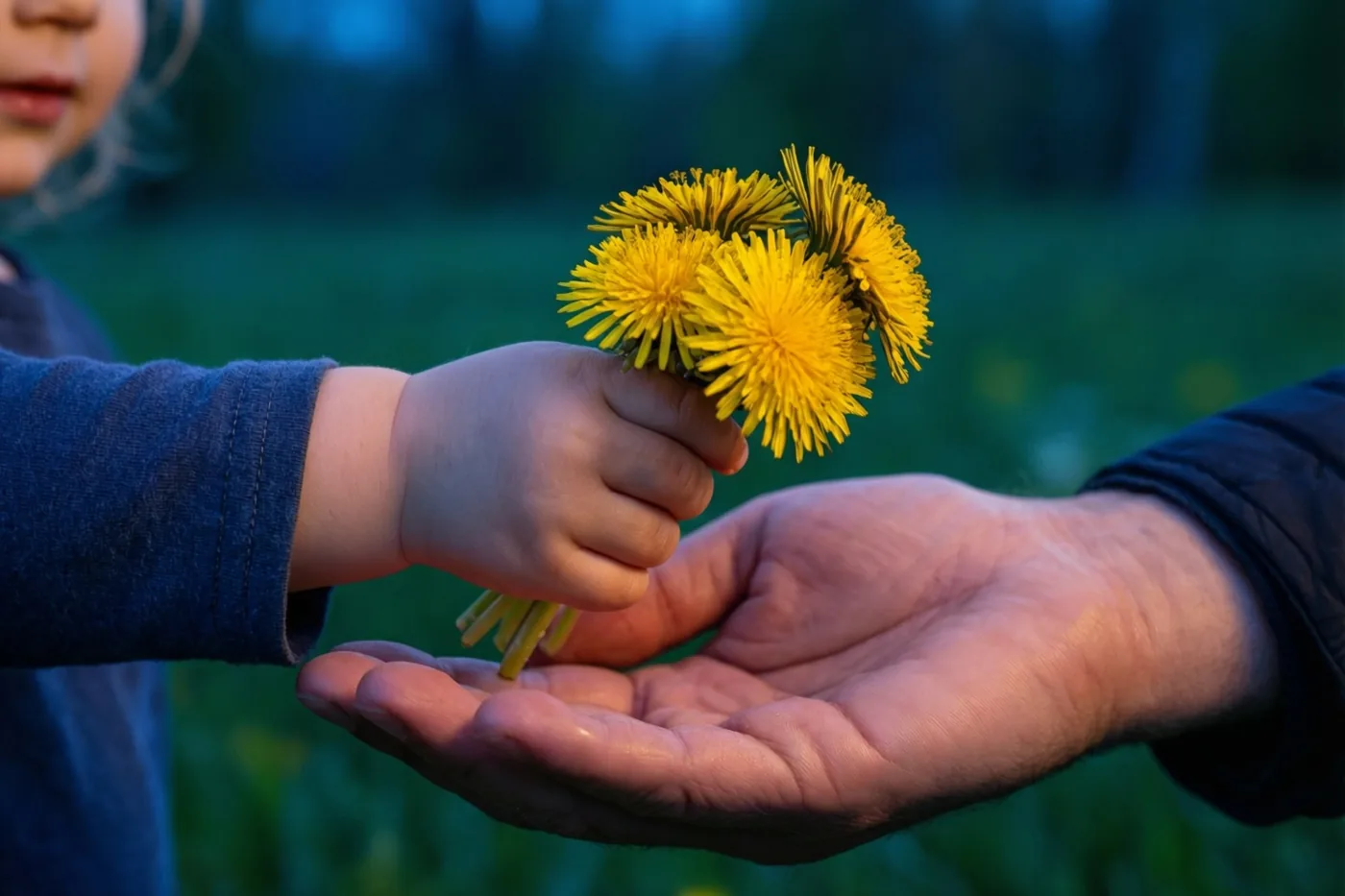 Een kleine kinderhand reikt een boeket gele paardenbloemen aan naar de open handpalm van een volwassene, met gras en een wazige groenblauwe achtergrond.