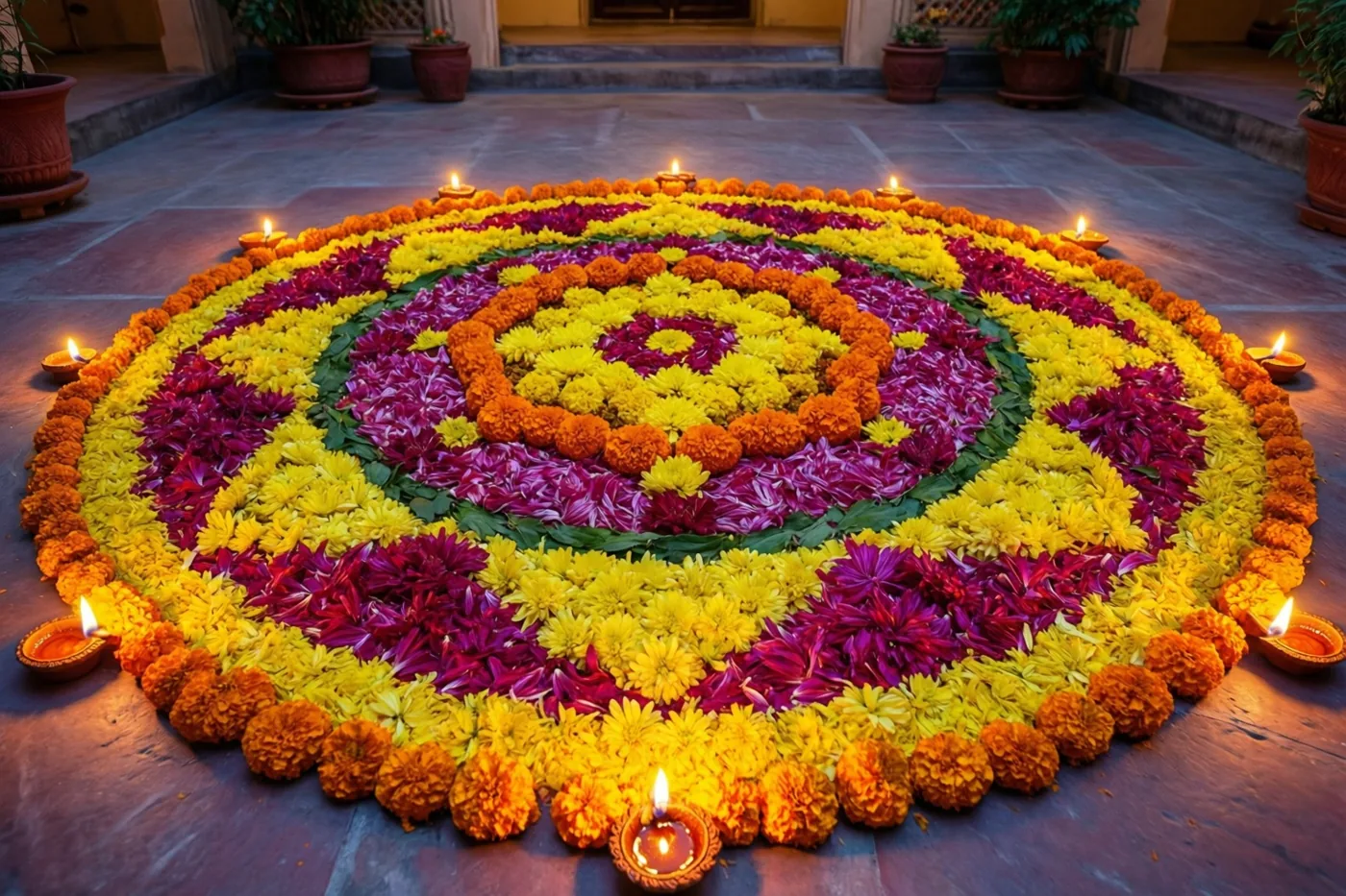 Een grote ronde rangoli van gele, paarse en oranje bloemen ligt op een stenen binnenplaats bij schemering, omringd door brandende olielampjes.