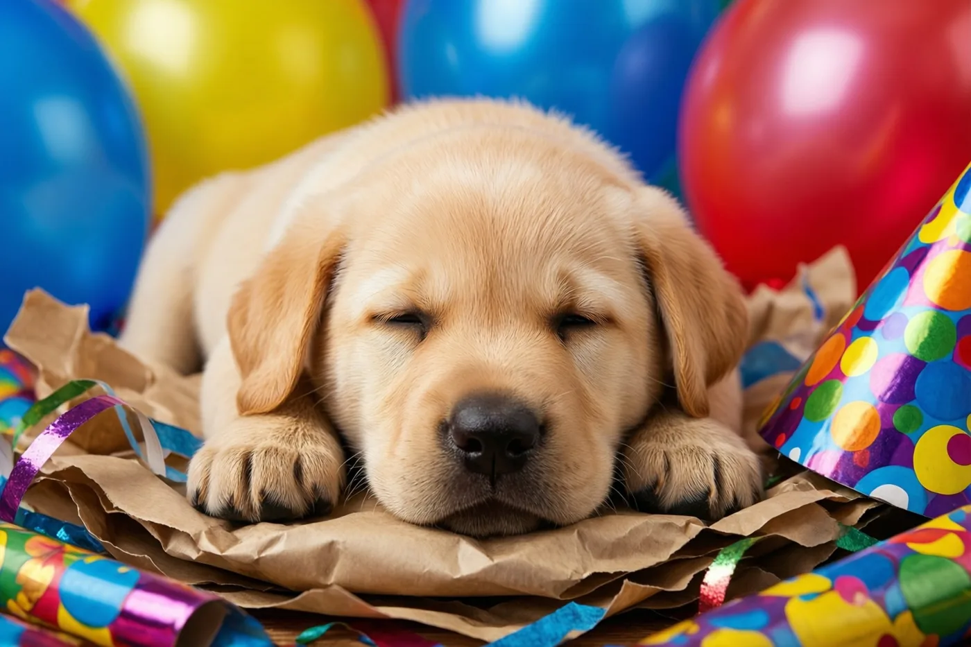 Een gele labradorpup slaapt op verfrommeld bruin inpakpapier tussen kleurrijke ballonnen en feestversiering in geel, blauw en rood.