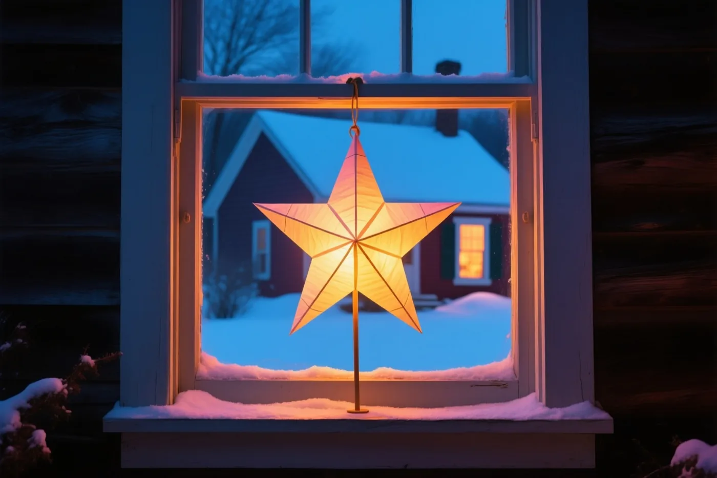 Een verlichte papieren ster hangt bij schemering in het raam van een besneeuwde boerderij, met warmgeel licht tegenover koele blauwe wintertinten.