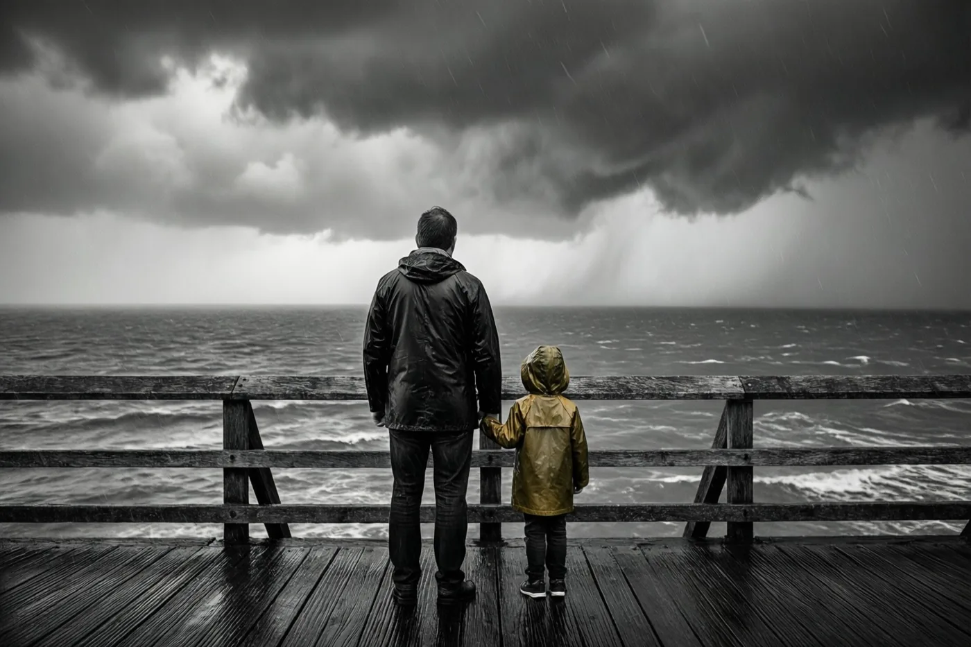 Een vader en kind in regenjassen staan van achteren gezien op een houten pier bij een stormachtige zee, in een grotendeels zwart-witbeeld met één gele regenjas.