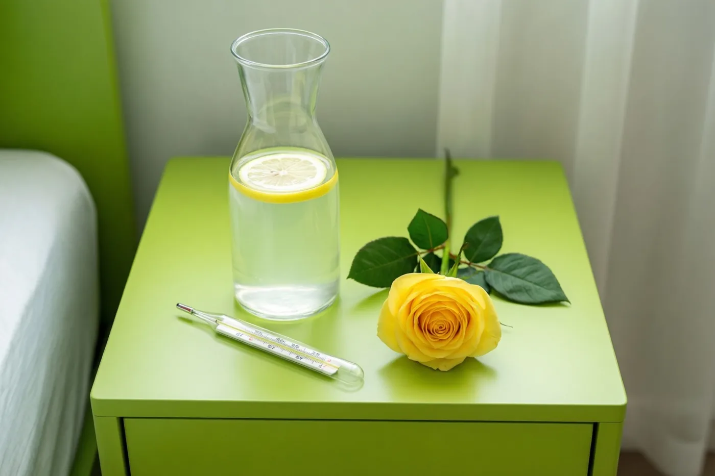 Op een sober nachtkastje staan een glazen karaf met citroenwater en een gele roos naast een thermometer, tegen een lichtgroene muur met een wit gordijn.