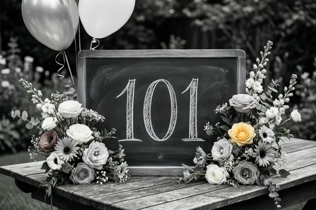 Een zwart-witfoto toont een krijtbord met 101 in wit krijt op een houten tuintafel, omringd door bloemen en ballonnen, met één gele roos in kleur.
