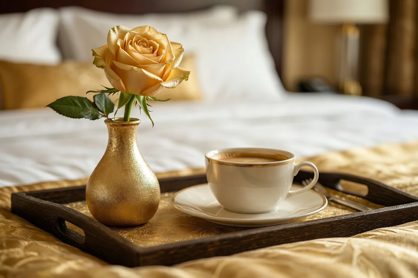 Een houten dienblad met koffie en een gele roos in een goudkleurige vaas staat op een bed met goudkleurig en wit beddengoed.