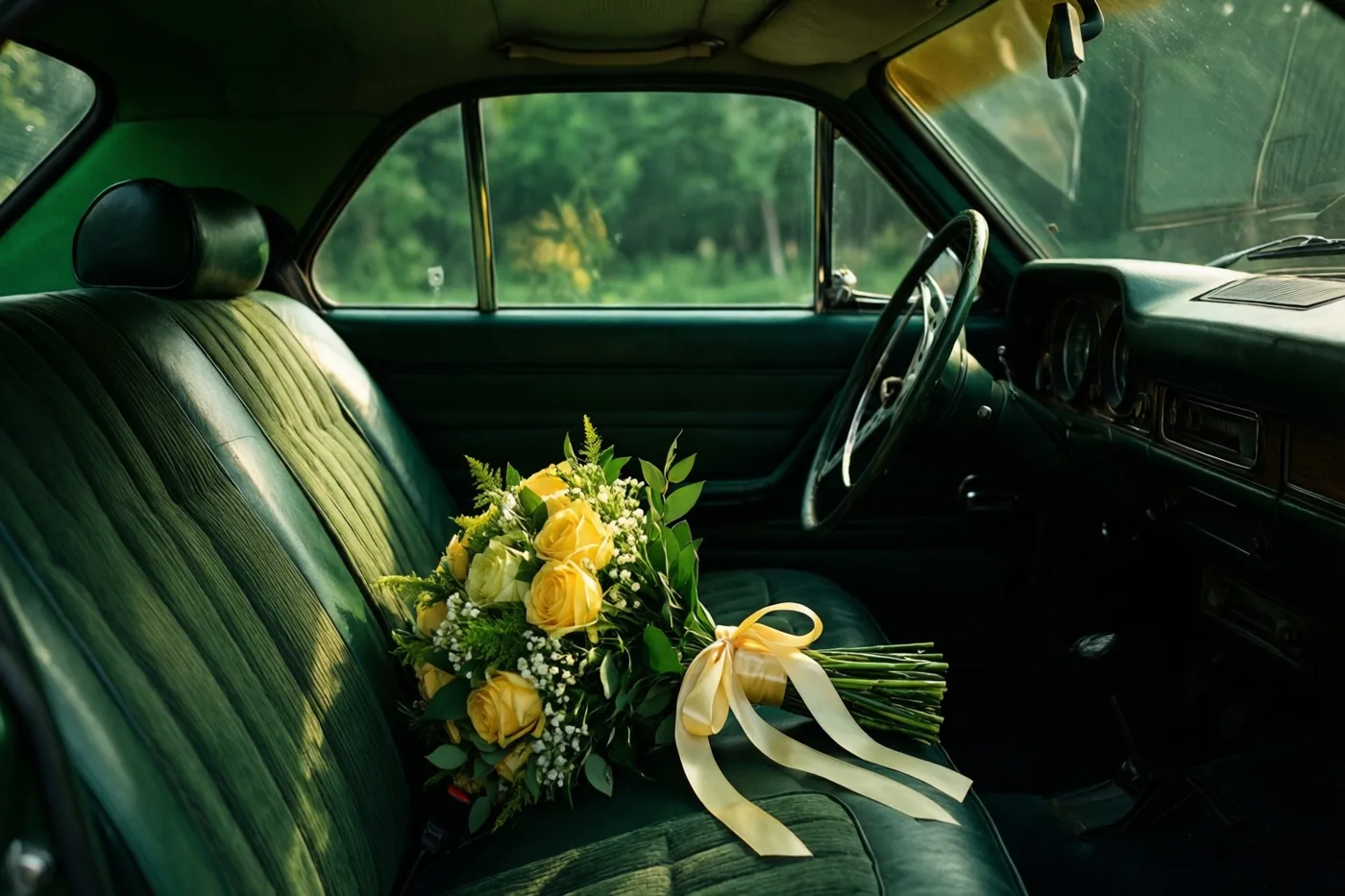 Een boeket gele rozen met groen en een geel lint ligt op de passagiersstoel van een oude auto met een donkergroen interieur, waar zonlicht naar binnen valt.