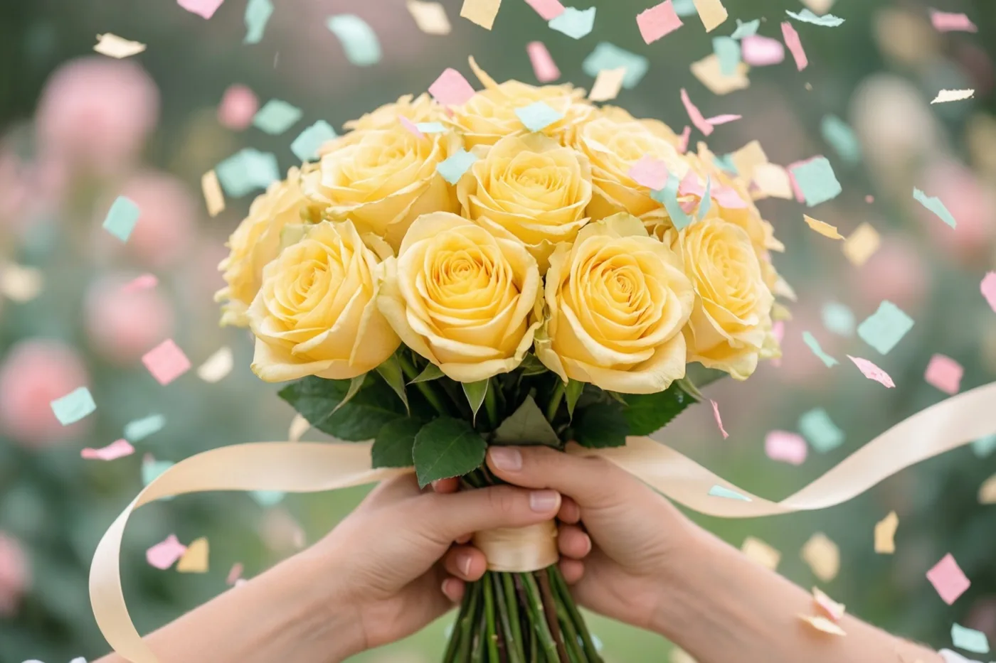 Twee handen houden een boeket gele rozen met een crèmekleurig lint vast terwijl kleurrijke confetti valt, tegen een zachte groene buitenachtergrond.