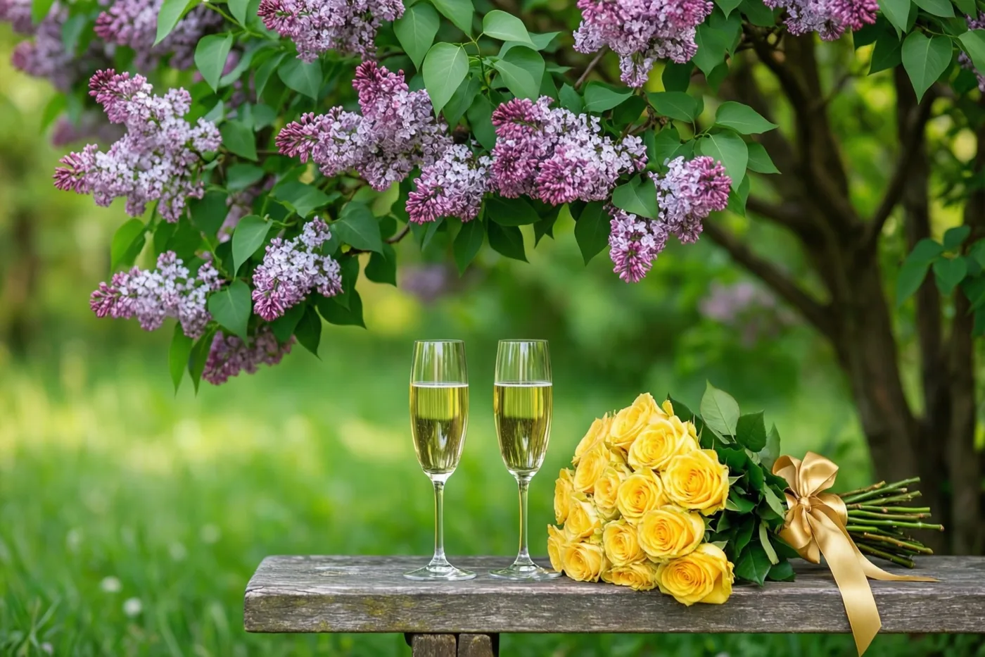 Twee glazen champagne en een boeket gele rozen met een gouden lint staan op een houten bank onder een bloeiende sering in een groene tuin.