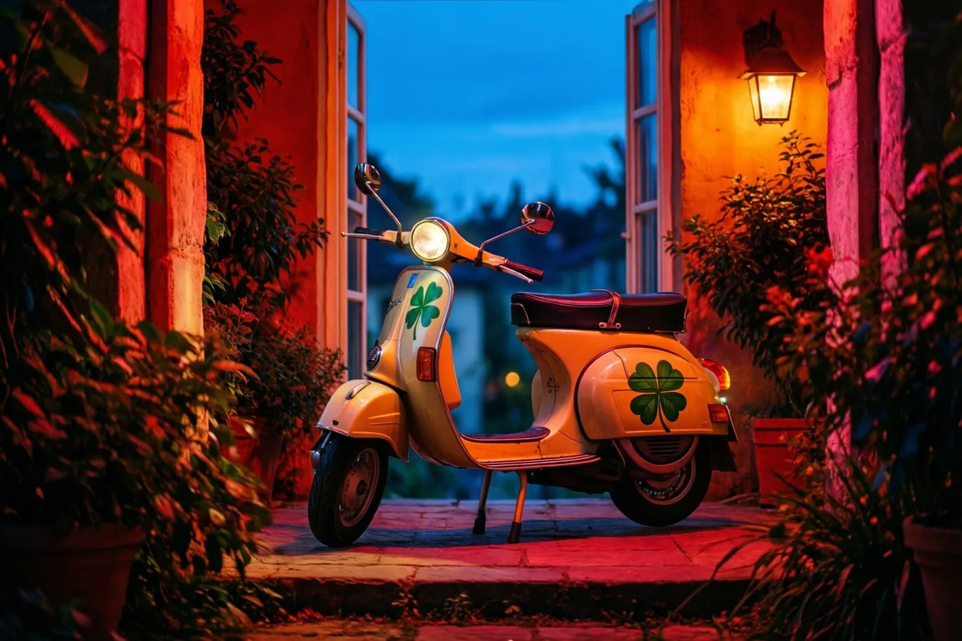 Een gele retroscooter met een geschilderd klavertjevier op de zijkant staat op een stenen terras in de schemering, verlicht door een oranje lantaarn en rode sfeerverlichting.