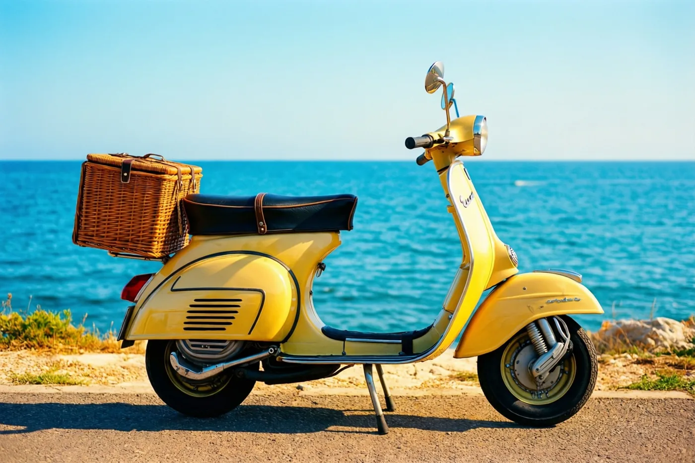 Een gele scooter in jarenzestigstijl met een rieten picknickmand achterop staat langs een weg aan zee onder een zonnige, helderblauwe hemel.