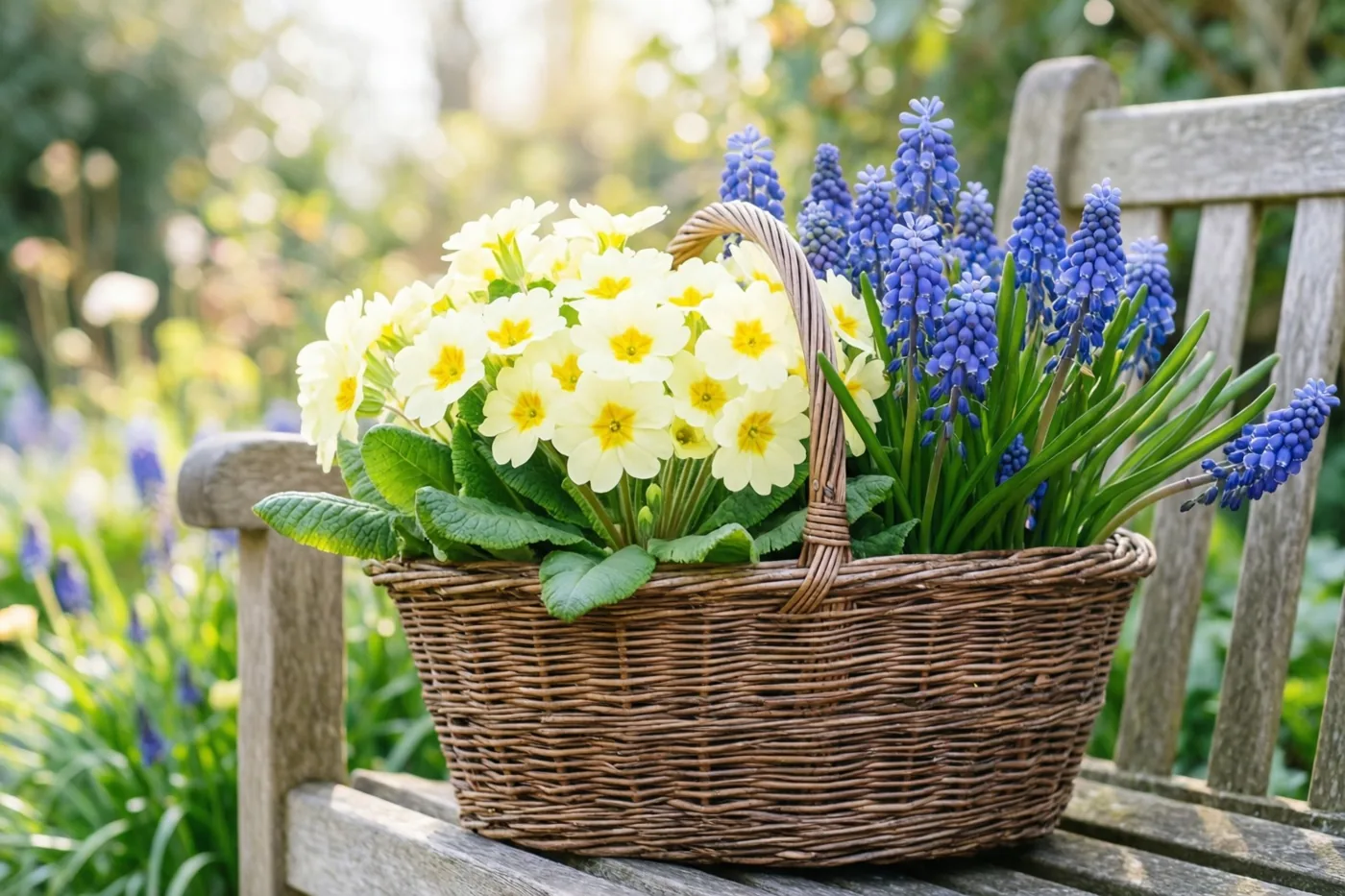 Een rieten mand met gele sleutelbloemen en blauwe druifjes staat op een verweerde houten tuinbank in zacht zonlicht, met een onscherpe groene tuin erachter.