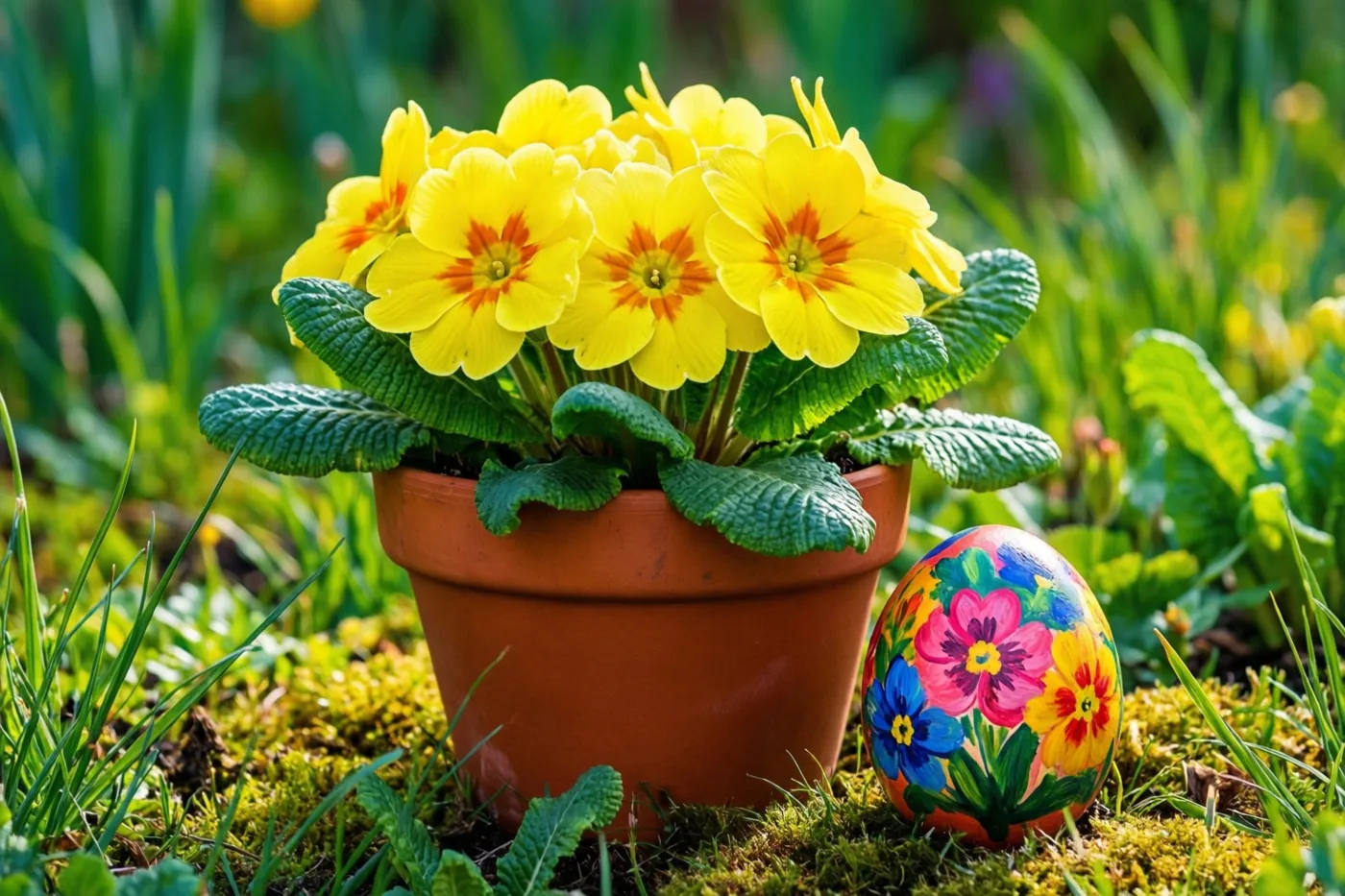 Een terracotta pot met felgele sleutelbloemen staat op mossige grond naast een kleurrijk handbeschilderd paasei in een zonnige groene tuin.