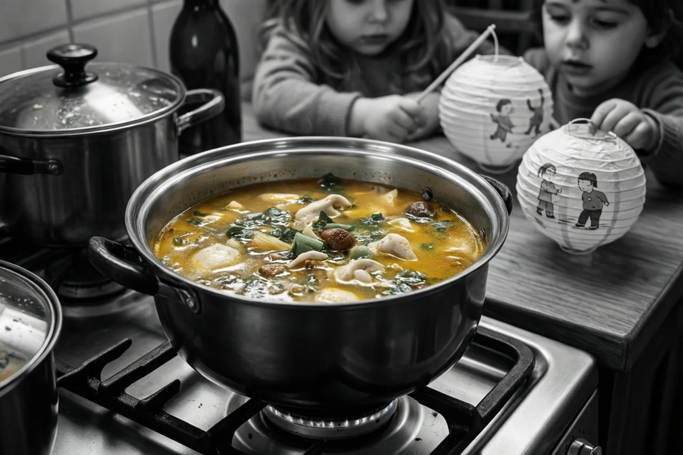 Een pot dampende gele soep staat op een gasfornuis bij twee kinderen met papieren lantaarns aan een keukentafel, terwijl de rest van het beeld zwart-wit is.
