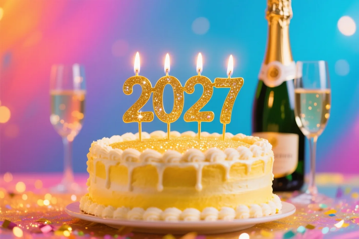 Een gele taart met wit glazuur en gouden glitter draagt grote sprankelende cijferkaarsen 2027, met champagneglazen en een fles voor een kleurrijke achtergrond.
