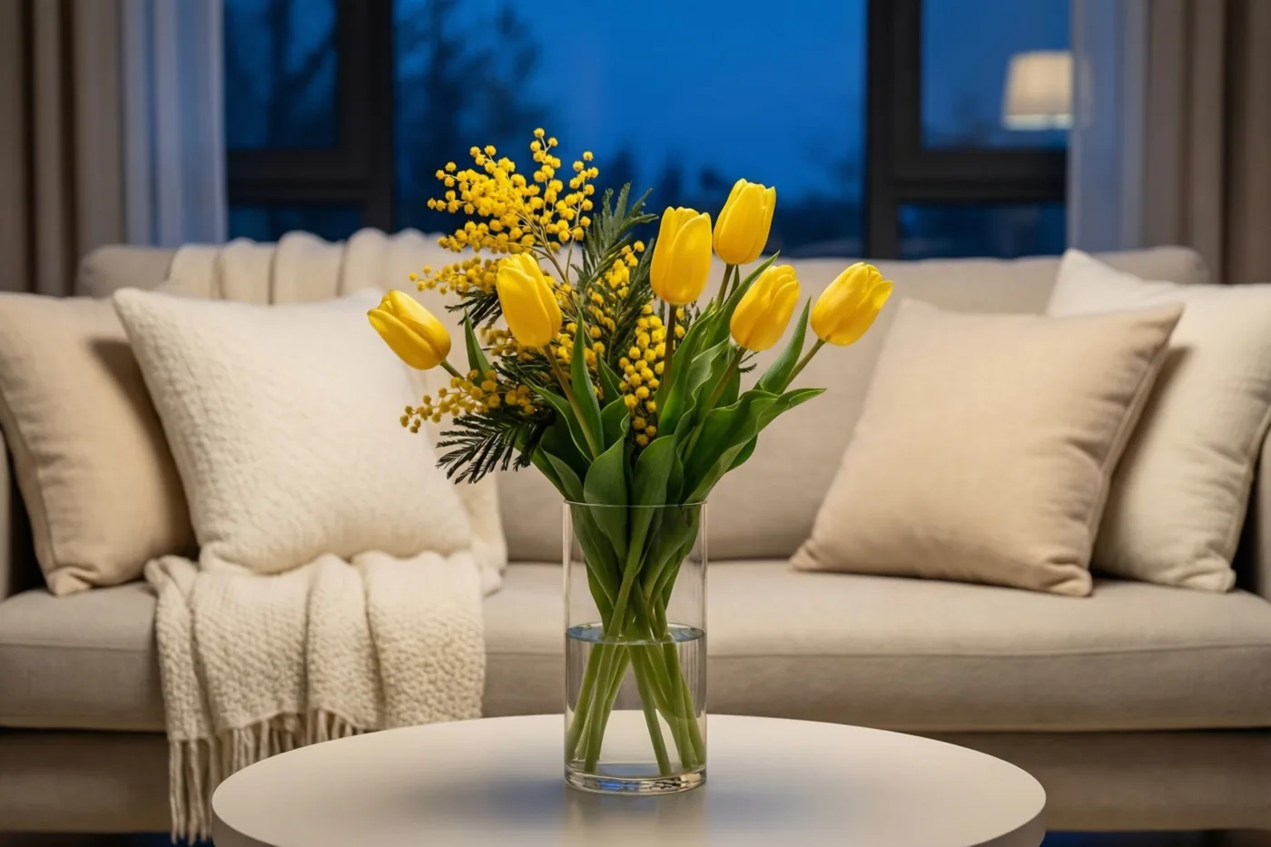 Gele tulpen en mimosa staan in een heldere glazen vaas op een witte salontafel voor een beige zetel met kussens en een witte deken, bij een raam met een blauwe avondlucht.