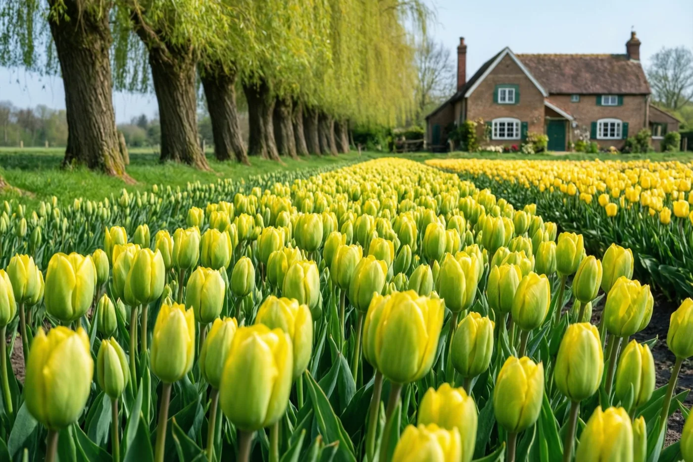 Een veld gele tulpen strekt zich uit naar een bakstenen hoeve, met een rij knotwilgen erlangs onder een heldere hemel.