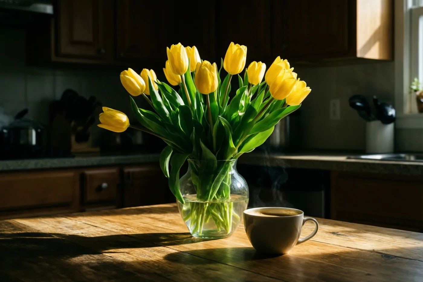 Een vaas felgele tulpen staat naast een dampende kop koffie op een zonnige houten keukentafel met donkere houten kasten en een granieten werkblad op de achtergrond.