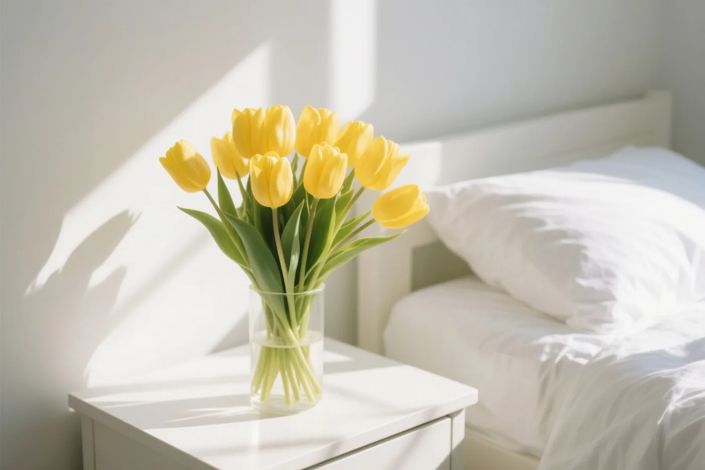 Een boeket gele tulpen in een doorzichtige glazen vaas staat op een wit nachtkastje, met zonlicht en schaduwen op de muur en een wit bed op de achtergrond.