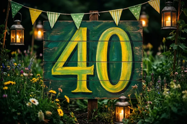 Een groot houten bord met 40 in gele verf staat in een donkere tuin tussen bloemen, vlaggetjes en brandende lantaarns.
