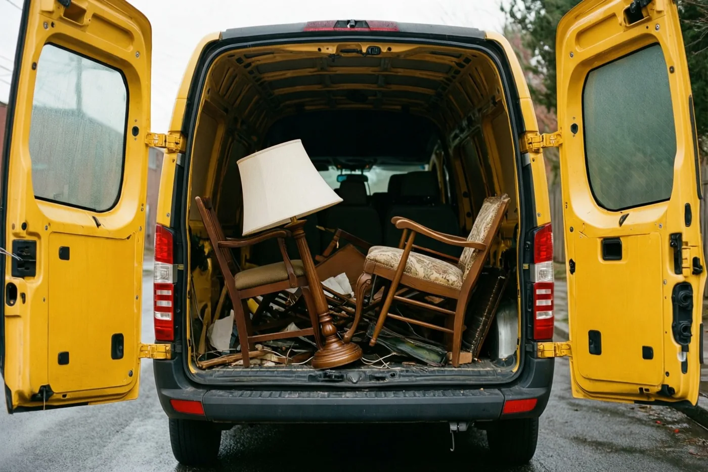 Een gele verhuiswagen staat op een natte verharding onder een bewolkte hemel, met open achterdeuren en uitstekende meubels, waaronder een stoel en een lamp.