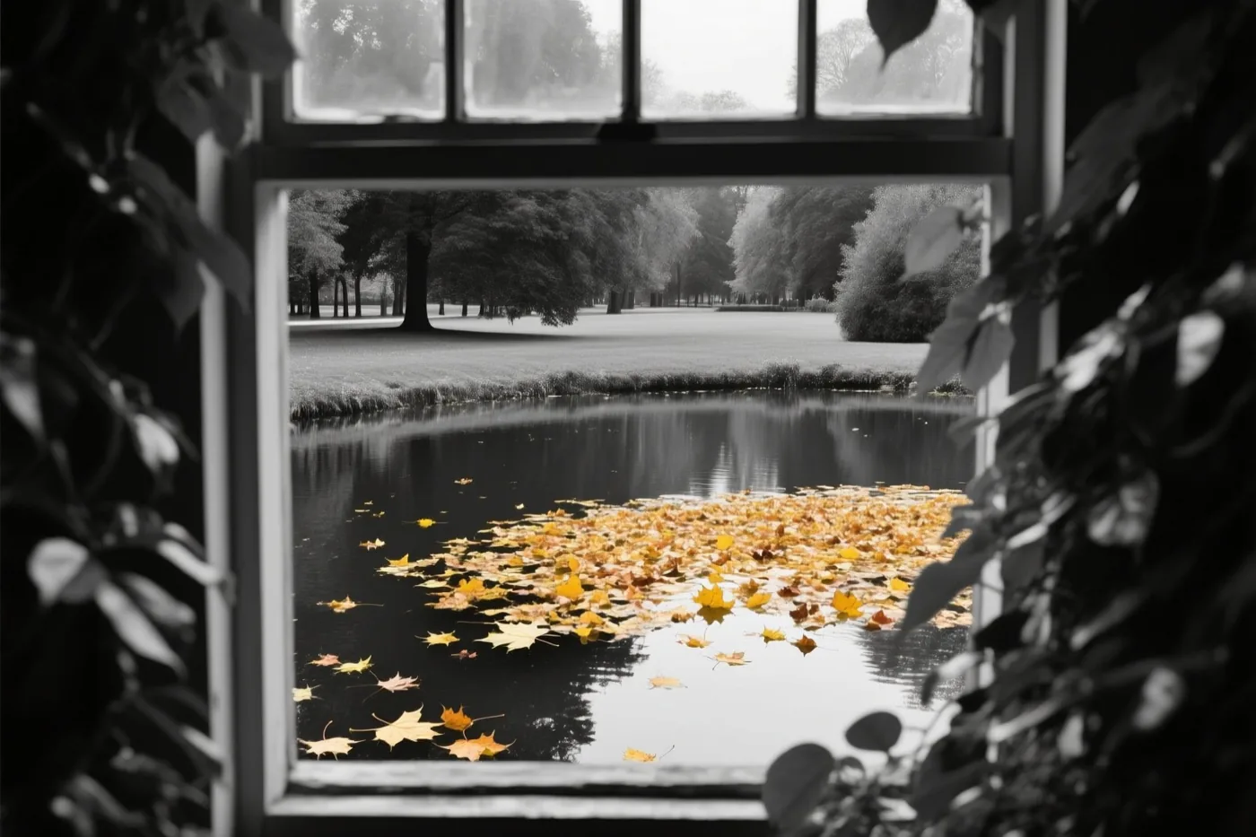 Door een raam met donker gebladerte zijn gele bladeren op een rustige vijver te zien, met bomen en gras in monochrome tinten eromheen.